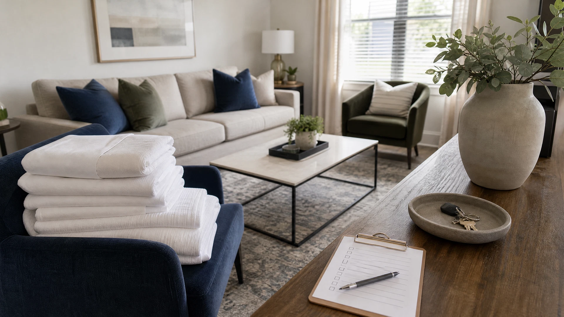Guest-ready rental living room prepared for a Dallas–Fort Worth turnover